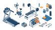 © Haris Lost - Isometric 3D rendering of comprehensive gym and fitness equipment for an active lifestyle, perfect for home workouts or a professional training center setup