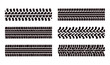 © Avartde - Collection of six detailed black tire track patterns and tyre tread marks isolated on a white background. Vector set of car, truck, and off-road vehicle wheel textures.