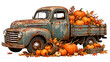 © Easter - Vintage rusty pickup truck filled with pumpkins and fall leaves isolated on white background