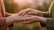 © Svitlana - Crop female hands touching in sunset light, intimate human connection concept for love, care, wellness and relationship themes, warm golden glow, soft skin detail, emotional gesture, realistic