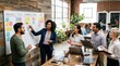 © Svitlana - Marketing team planning strategy using a kanban board in a coworking space, collaborative business workflow, project management concept, diverse professionals sharing ideas, modern office interior,