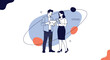 © Luther - Illustration of a man and a woman in business casual attire looking at a digital tablet together with abstract shapes in background.