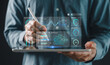 © HappyEva - Predictive maintenance condition monitoring concept hands using tablet stylus virtual dashboard sensor data motor health analysis, Equipment inspection, Diagnostics, System optimization, Automation