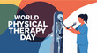 © Any - Physical therapist examining skeleton model in colorful modern illustration for World Physical Therapy Day in vibrant informative style with bright colors and flat design for healthcare marketing