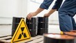 © thanawat - A worker in protective clothing handles black barrels near a radiation hazard warning sign in an industrial setting with natural light.