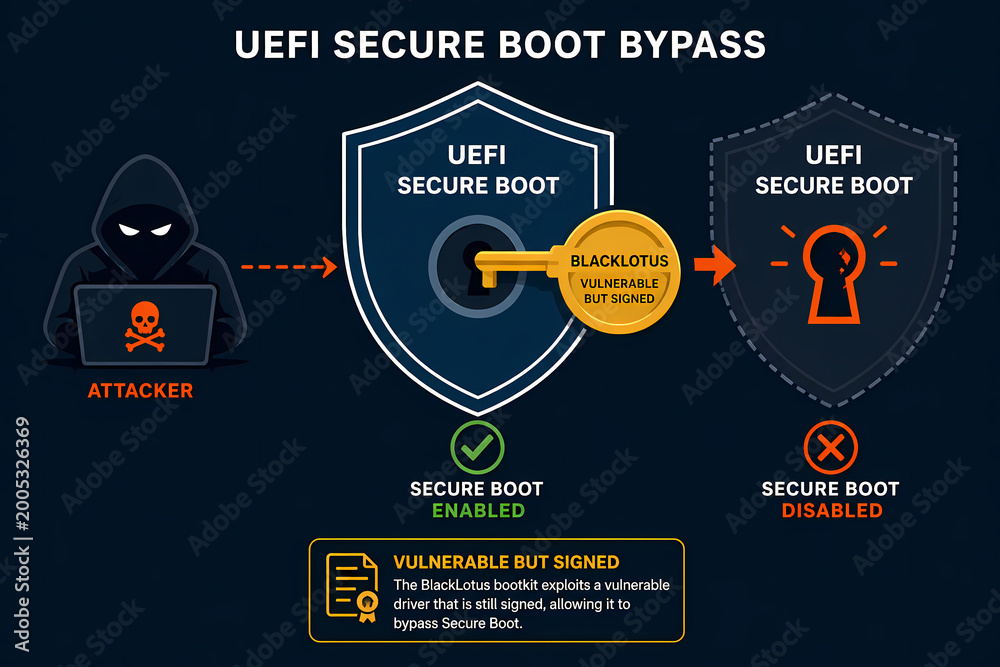 Illustration shows an attacker bypassing UEFI Secure Boot using a ...