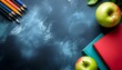 © Syukron - Education background with school supplies and large central copy space on blue artistic texture