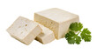 © Michal - Creamy firm tofu cubes with fresh green cilantro sprigs