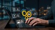 © James - Person typing on laptop keyboard generating AI content, video and images, artificial intelligence technology concept with floating icons representing machine learning algorithms