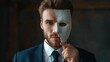 © 69 - Close-up of a man in a suit holding a mask before his face, symbolizing duality and identity, showcasing intricate details and expressive emotion in a dramatic atmosphere.
