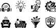 © MD AMINUR - Lifestyle vector illustration set, stylized silhouettes with headphones, light bulb, eco gear, comfort, growth and sustainability motifs