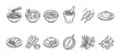 © no one - A black and white cartoon illustration of various Asian food items and ingredients arranged in a grid, perfect for menus and recipes.