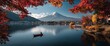 © pantila - Traditional Japanese scenery with Fuji mountain and vibrant autumn foliage.