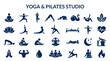 © Iconique Studio - Collection of yoga and pilates studio icons representing various poses and wellness concepts in a clean blue design on a white background