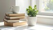 © Hashigo - 窓辺に置かれた本とマグカップと多肉植物 / Books mug and succulent plant on a bright windowsill (Generative AI)