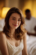 © overrust - gentle romantic moment with warm light and blurred couple, elegant woman smiling with soft intimate background, serene love and connection in warm cozy lighting