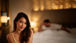 © overrust - gentle romantic moment with warm light and blurred couple, elegant woman smiling with soft intimate background, serene love and connection in warm cozy lighting