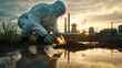 © aulaiphon - Environmental scientist collecting soil samples at industrial site urban area photography sunset reflections close-up perspective pollution awareness