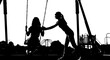 © Nurzhan - High contrast silhouette of mother pushing her daughter on a swing: Design for book covers, psychological articles about childhood, and minimalist posters. Transparent SVG version.
