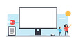 © Nur - Graphic showing people interacting with a large computer monitor and digital documents representing business and technology.