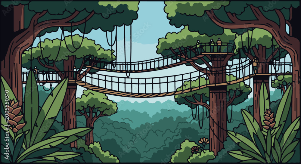 Canopy Rope Bridge Pixelated jungle canopy walk with rope bridges connecting trees Stock ...