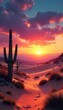 © sawaratch - A stunning desert landscape featuring sand dunes, cacti, and a vibrant sunset sky , sand, plant