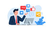 © SC-7 - Marketing professional uses a computer to manage social media, displaying icons for likes, comments, shares, and engagement metrics.
