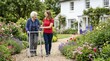 © scrdy - Young caregiver supporting elderly woman with walker in summer garden