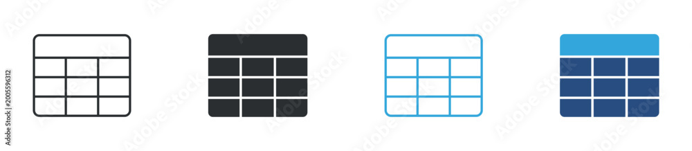 Data table icon set. grid layout with rows and columns. database and ...