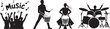 © KULSUM - Musician silhouettes performing live music vector illustration showing drummers and crowd. Dancing Crowd Black and White Vector Illustration
