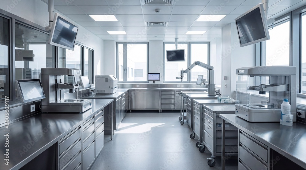 Modern laboratory interior with advanced equipment and sterile ...