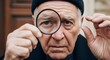© Wool World - Elderly Man Examining Eye Through Magnifying Glass in Indoor Setting, Close-Up Portrait, Focused Expression Capturing Detailed Skin Texture and Wrinkles