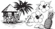 © Crushin - A serene beach scene featuring a Hand-drawn vector hut with palm trees, lizard, flowers, and fruits.