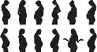 © ErrorX 4 - Multiple black silhouette icons of pregnant women standing in different profiles isolated on gray checkered background set.