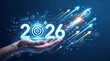 © FATNA - Businessman hand presenting with digital 2026 goal, rocket launch and upward arrows. Futuristic concept of business growth, digital strategy, and vision planning.