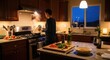 © abi najar - Focused man cooking a delicious healthy meal on a gas stove in a beautifully lit modern home kitchen during a peaceful evening.
