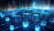© Terrance - glowing blue translucent cubes connected by a network of lines and dots blurred background