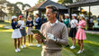 © peppystudio - Man in golf attire holds tablet with group of women on golf course behind