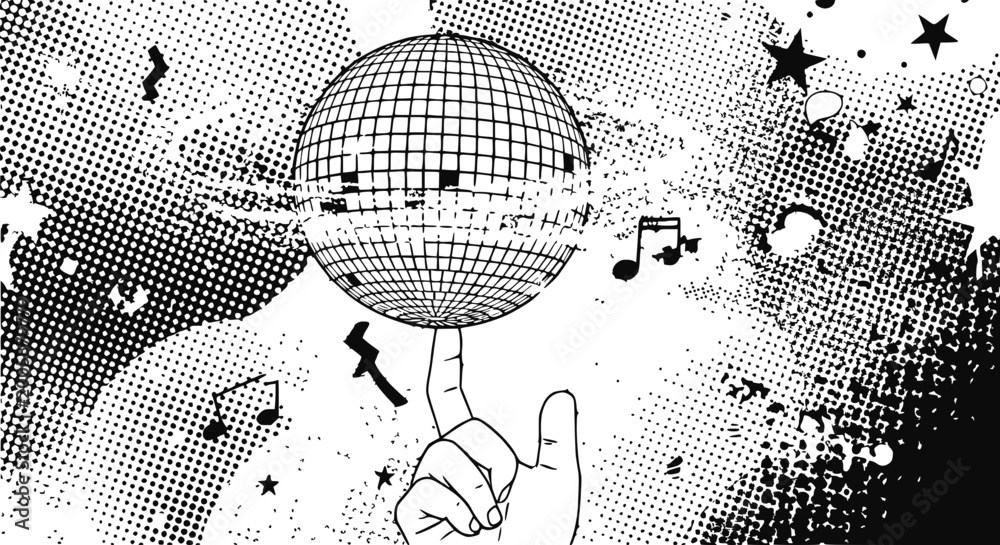 Disco Finger Point Animation Disco ball spinning on finger with music notes and stars, black and ...