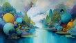 © Kanchon - Surreal abstract landscape with colorful rounded hills, islands, and a calm blue water body photo