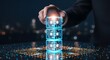 © Ahmed - System integration blockchain technology businessman stacking glowing digital microchip cubes network infrastructure