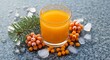 © Chanh2990 - A glass of bright orange sea buckthorn juice, surrounded by frozen orange berries, a sprig of pine, and coarse ice, on a cold, grey granite surface with soft, diffused northern light, 16:9 ratio, cris