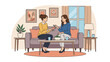 © Zia - Two young women sitting on a sofa in a beautifully decorated living room sharing a heart shaped object and talking.