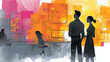 © Charoen - Creative professional team planning strategy in a colorful modern office watercolor illustration