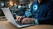 © Naima - Software Engineer using System Integration on Laptop in Office. Processing data input and cloud sync with database operations, and Technology Integration concept.
