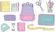 © MstLutfa - Cute School Supplies Set with Backpack, Notebooks, Pens, Scissors, and Chalkboard for Education Design Projects