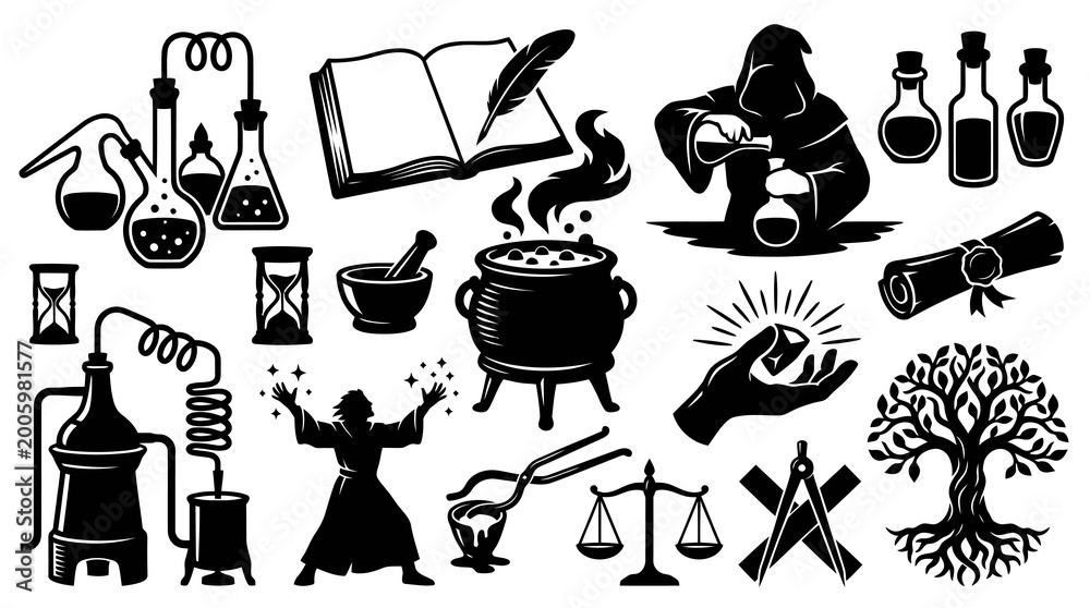 Alchemy Symbols and Magic Objects, Black and White Vector Art Stock ...