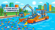 © Bening - Heavy machinery boat removes floating plastic waste and trash from the polluted river water surface area