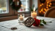 © Jhon - peter. Saint Peter key with candle and rose on linen table. symbolizing life milestones and joyful moments, event programs, designed for cultural heritage projects and event programs.
