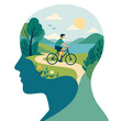 © TiaChintya - Flat illustration of a man cycling through a scenic nature landscape inside a human head silhouette, symbolizing healthy lifestyle, mental well-being, and eco-friendly transportation on World Bicycle